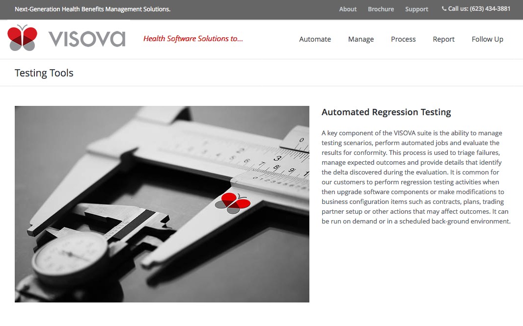 A 2019 archived screenshot of the Visova website's Testing Tools page, showing the site header and navigation, the page title, the calipers photograph at left and a column of body copy about automated regression testing at right.