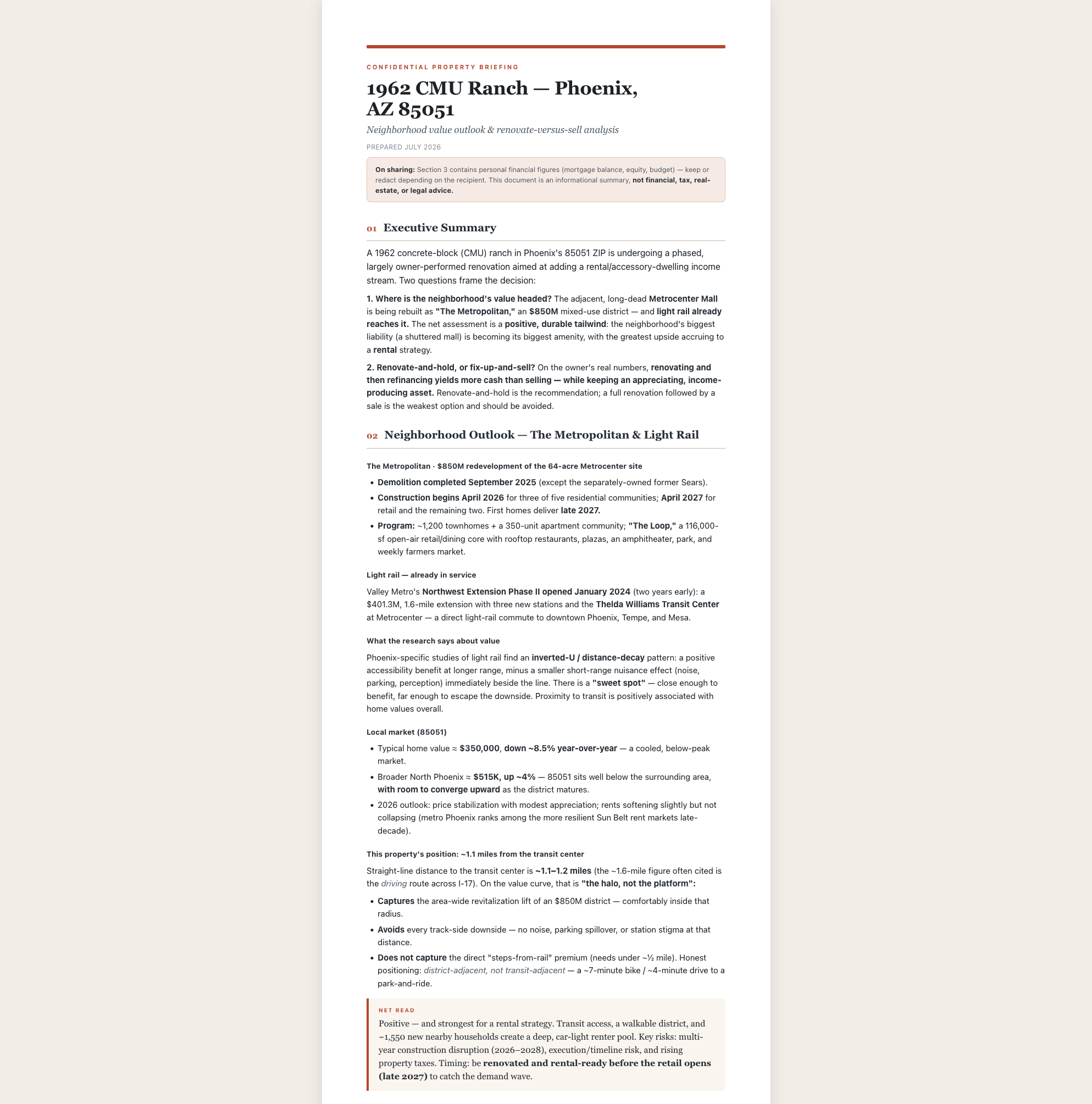 A print-formatted Property Briefing: a serif headline over a terracotta rule, an executive summary, a neighborhood outlook section with market figures, and a highlighted net-read callout.