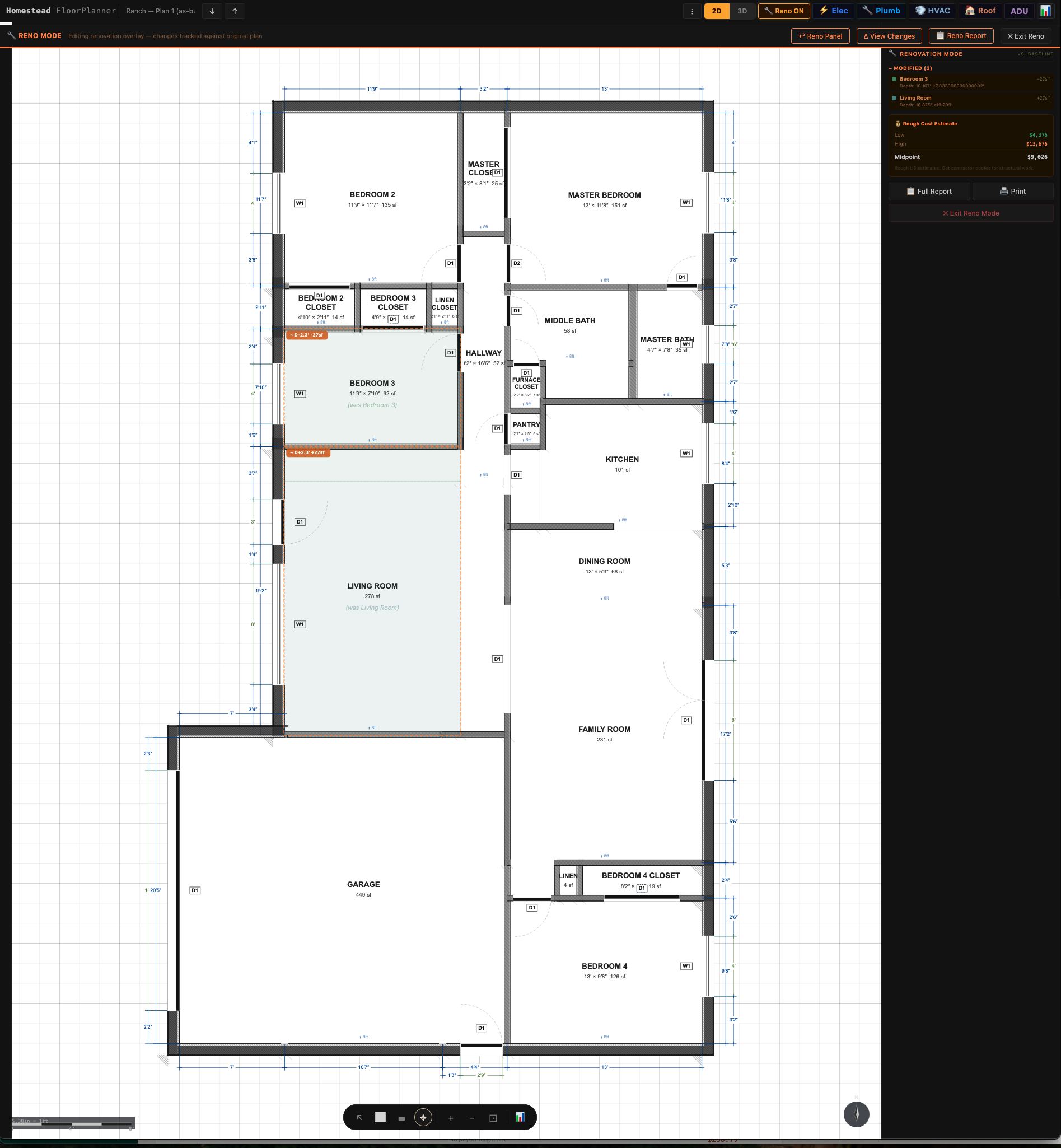 The floor planner in renovation mode: rooms outlined against their original positions with labels reading 'was Bedroom 3' and 'was Living Room', square-footage deltas, and a live cost estimate panel updating alongside.
