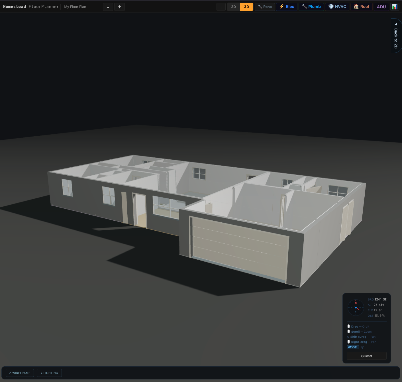 The floor plan in 3D: a single-storey ranch house shown from above and to the side, walls shaded white against a dark ground, windows and doors cut into them, the garage door closed. A camera readout in the corner gives bearing 124 degrees southeast, altitude 27.4 feet, elevation 15.9 degrees, distance 85.6 feet.