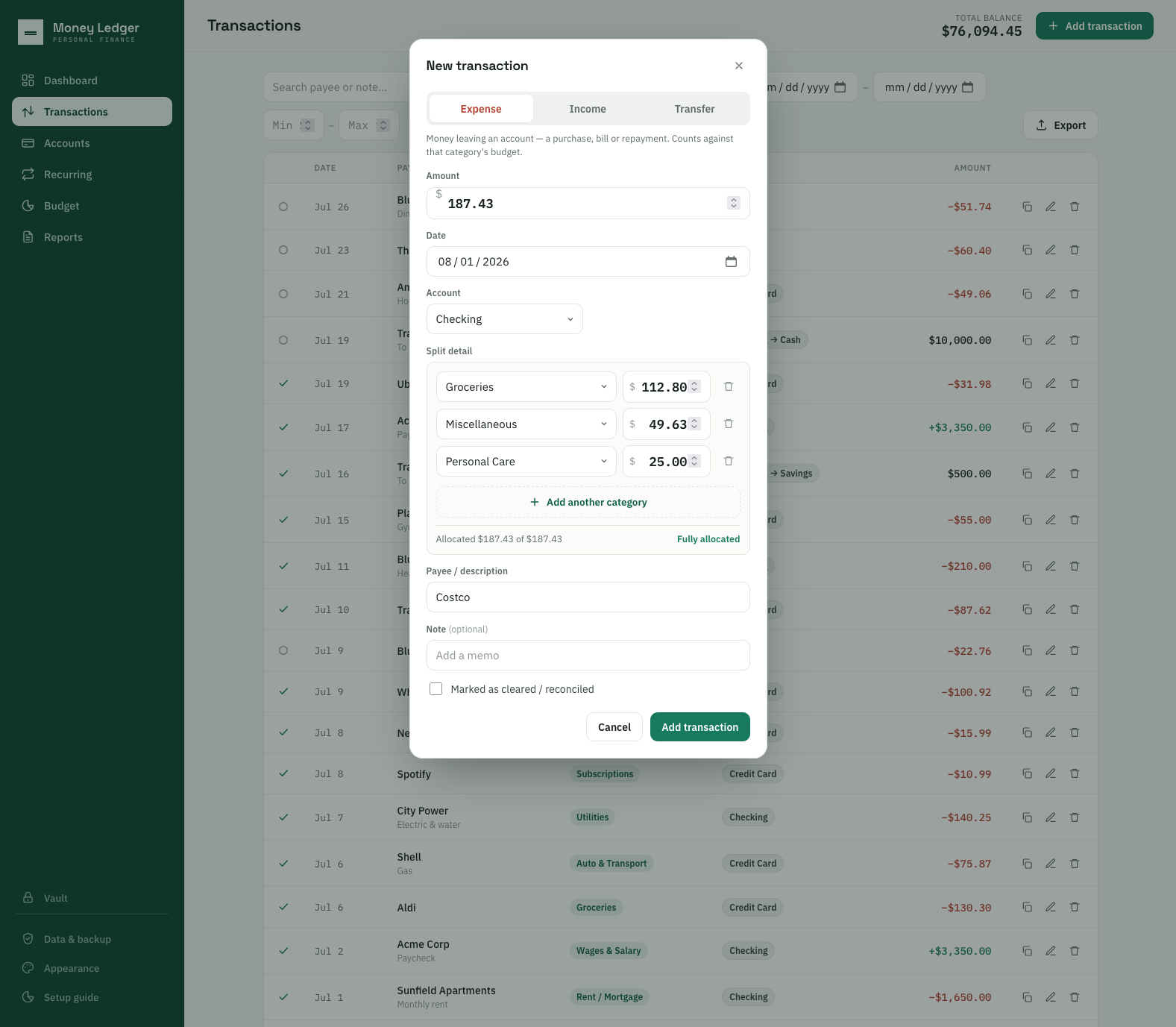 The split-transaction editor: a Costco purchase of $187.43 divided across three categories — Groceries $112.80, Miscellaneous $49.63 and Personal Care $25.00 — with a running line reading Allocated $187.43 of $187.43, fully allocated.