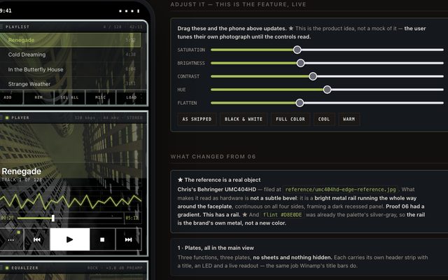 The Insulator phone interface at left, its three panels showing a playlist, player and equalizer over a photograph, beside a live control panel with sliders for saturation, brightness, contrast, hue and flatten.